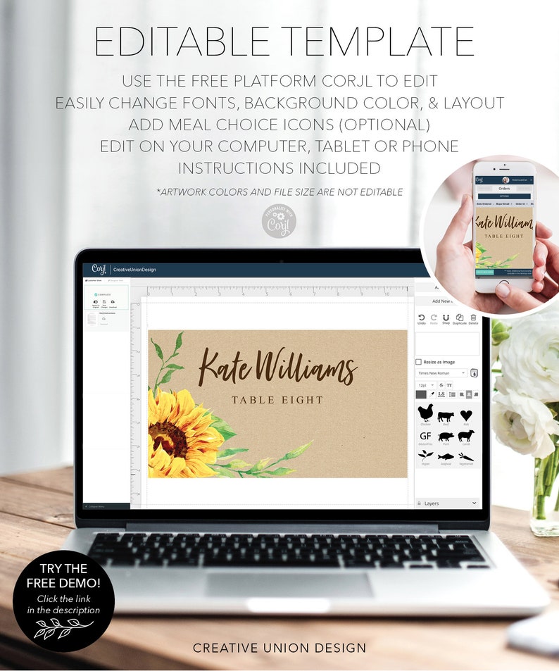 Sunflower Place Card Printable Template Printable Wedding - Etsy
