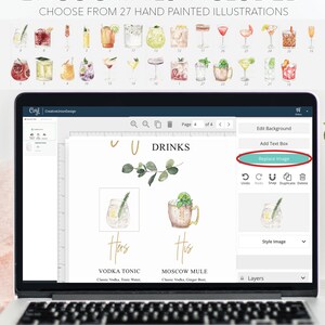 Puede incluir: Una pantalla de ordenador que muestra un programa de dise&ntilde;o digital con una p&aacute;gina que muestra dos ilustraciones de acuarela de c&oacute;cteles. El texto "DRINKS" est&aacute; encima de las ilustraciones. Las ilustraciones est&aacute;n etiquetadas como "Hers" y "His" con los nombres de los c&oacute;cteles, Vodka Tonic y Moscow Mule, enumerados debajo. El programa de dise&ntilde;o tiene una barra de herramientas con botones para Deshacer, Rehacer, Ajustar, Duplicar, Eliminar, Agregar cuadro de texto, Reemplazar imagen y Estilizar imagen.