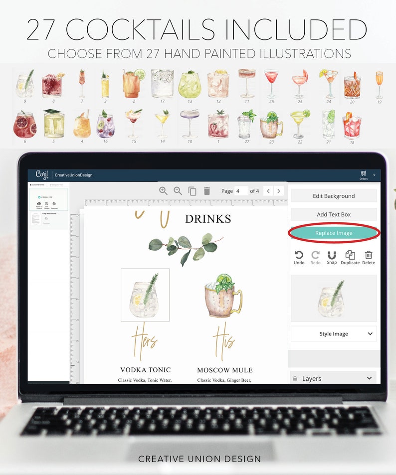 Puede incluir: Una pantalla de ordenador que muestra un programa de dise&ntilde;o digital con una p&aacute;gina que muestra dos ilustraciones de acuarela de c&oacute;cteles. El texto "DRINKS" est&aacute; encima de las ilustraciones. Las ilustraciones est&aacute;n etiquetadas como "Hers" y "His" con los nombres de los c&oacute;cteles, Vodka Tonic y Moscow Mule, enumerados debajo. El programa de dise&ntilde;o tiene una barra de herramientas con botones para Deshacer, Rehacer, Ajustar, Duplicar, Eliminar, Agregar cuadro de texto, Reemplazar imagen y Estilizar imagen.