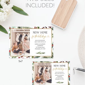 May include: Holiday-themed announcement cards in two sizes, 5x7 inches and 4x6 inches, with the text "NEW HOME for the holidays." The cards feature a photo of a family and include address details. A wooden phone case is also visible.