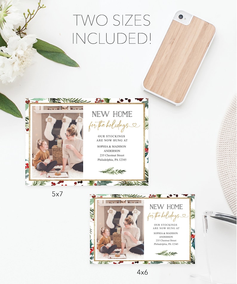 May include: Holiday-themed announcement cards in two sizes, 5x7 inches and 4x6 inches, with the text "NEW HOME for the holidays." The cards feature a photo of a family and include address details. A wooden phone case is also visible.