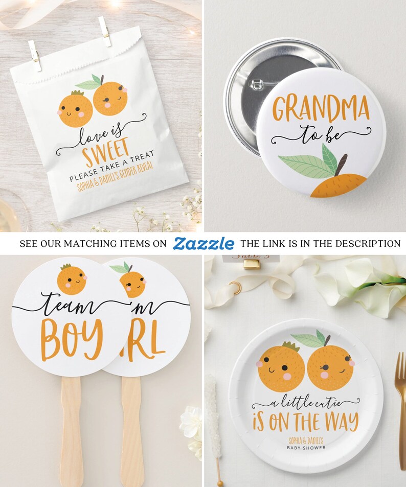 May include: Orange themed baby shower decorations with the text "love is sweet" and "a little cutie is on the way".