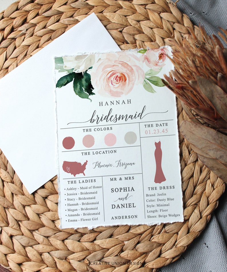 Bridesmaid Info Card Template Bridal Party Information Card Etsy Bridesmaid Info Card Template Bridal Party Information Card Etsy