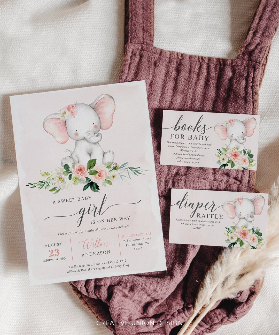 Pink Elephant Girl Baby Shower Invitation Set Template (printable ...