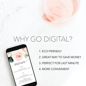 Op de afbeelding: Een digitaal menu op een smartphone-scherm met een bloemmotief. Het menu bevat een voorgerecht, een hoofdgerecht en een dessert. De tekst "WHY GO DIGITAL?" wordt boven de telefoon weergegeven. De tekst onder de telefoon somt vier redenen op om digitaal te gaan: Milieuvriendelijk, Geweldige manier om geld te besparen, Perfect voor last minute en Handiger.