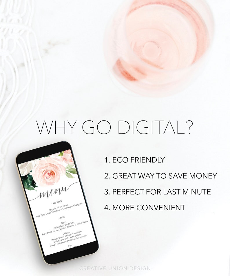 Op de afbeelding: Een digitaal menu op een smartphone-scherm met een bloemmotief. Het menu bevat een voorgerecht, een hoofdgerecht en een dessert. De tekst "WHY GO DIGITAL?" wordt boven de telefoon weergegeven. De tekst onder de telefoon somt vier redenen op om digitaal te gaan: Milieuvriendelijk, Geweldige manier om geld te besparen, Perfect voor last minute en Handiger.
