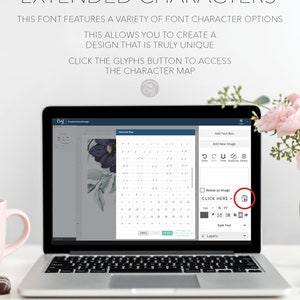 May include: A laptop screen displaying a design software interface with a character map window open. The interface includes a red circle highlighting a glyphs button next to the text CLICK HERE. The screen shows various font character options.