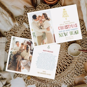 May include: Two white holiday greeting cards featuring family photographs and text. One card displays a family of three and the text Joy Love Peace, Christmas, and New Year. The other card includes a family photo and a printed holiday letter.