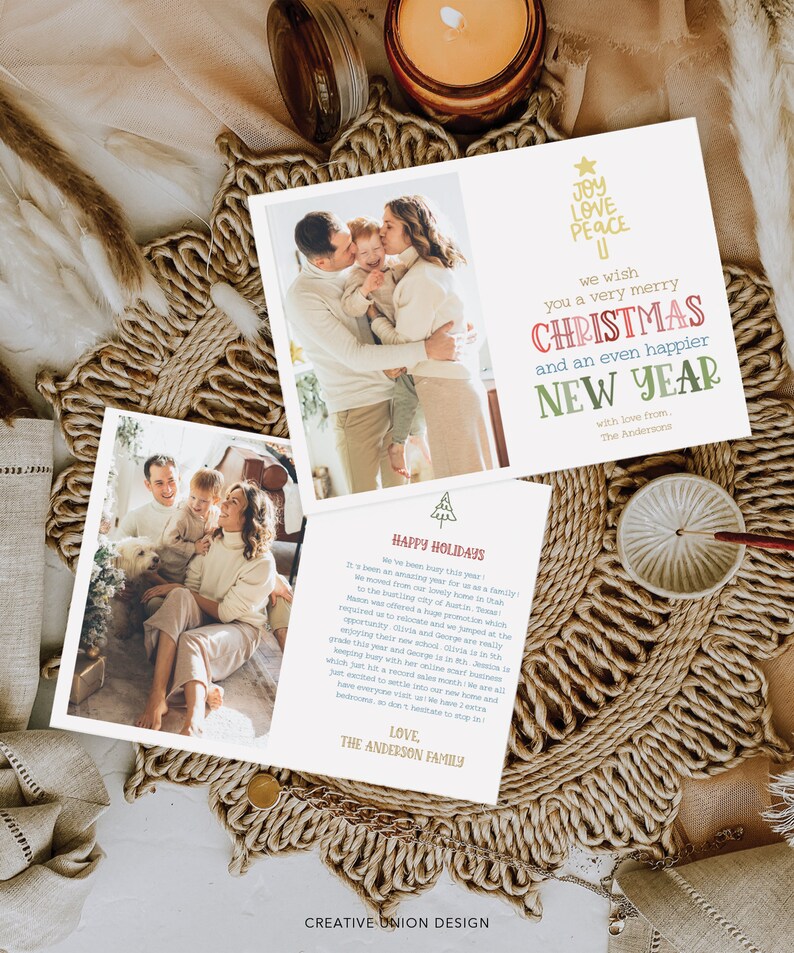 May include: Two white holiday greeting cards featuring family photographs and text. One card displays a family of three and the text Joy Love Peace, Christmas, and New Year. The other card includes a family photo and a printed holiday letter.