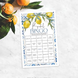 Juego de bingo con azulejos azules mediterráneos para despedida de soltera, juegos de despedida de soltera con limón, decoración de despedida de soltera, descarga, despedida de soltera de verano, brunch italiano