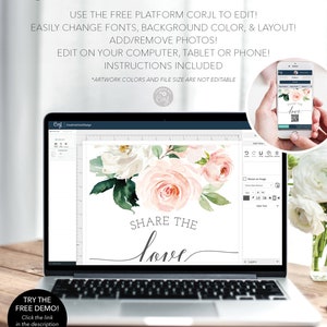 K&ouml;nnte beinhalten: Ein Laptop zeigt ein Blumendesign mit den Worten "SHARE THE love". Der Bildschirm zeigt eine editierbare Vorlage mit Optionen f&uuml;r Schriftarten und Hintergrundfarben. Ein Smartphone zeigt ein &auml;hnliches Design.