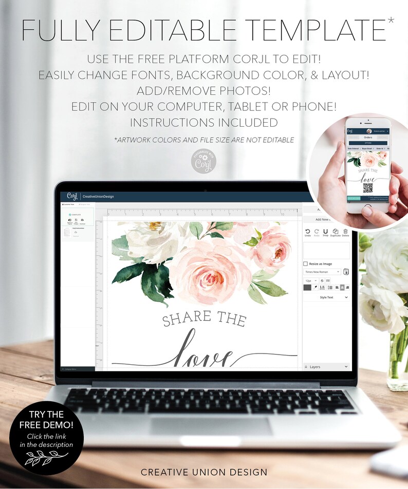 K&ouml;nnte beinhalten: Ein Laptop zeigt ein Blumendesign mit den Worten "SHARE THE love". Der Bildschirm zeigt eine editierbare Vorlage mit Optionen f&uuml;r Schriftarten und Hintergrundfarben. Ein Smartphone zeigt ein &auml;hnliches Design.