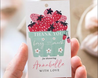 Etichetta per bomboniere "Berry Sweet" per baby shower, modello di etichetta di ringraziamento, bomboniere, etichetta per bomboniere "Berry Sweet", baby shower alle fragole, baby shower per bambina