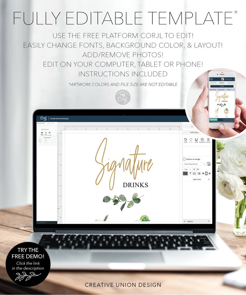 Puede incluir: Una pantalla de computadora port&aacute;til que muestra una plantilla de dise&ntilde;o digital para un letrero de bebidas de firma. La plantilla presenta una fuente de escritura dorada que dice "Signature Drinks" con hojas y ramas verdes de acuarela. La computadora port&aacute;til est&aacute; sobre una mesa de madera con un jarr&oacute;n de flores blancas.