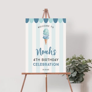 May include: Welcome to Noah's 4th Birthday Celebration sign with a blue and white striped background and a watercolor illustration of an ice cream cone. The sign is on an easel.
