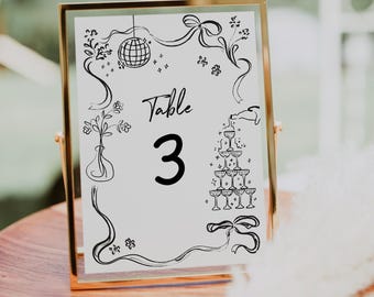 Hand Drawn Bow Table Numbers Template, Editable Wedding Table Numbers, Seating, Wedding Table Number Cards, Wedding Decor, Numbers, Unique