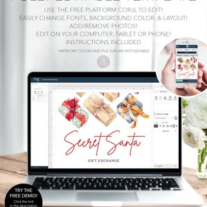 May include: A digital template for a Secret Santa gift exchange displayed on a laptop screen. The design features watercolor illustrations of wrapped presents and the text Secret Santa Gift Exchange. A mobile phone shows the same design.