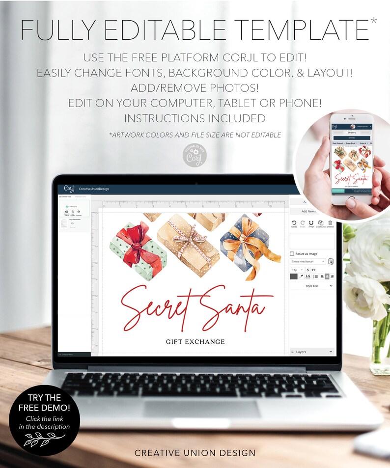 May include: A digital template for a Secret Santa gift exchange displayed on a laptop screen. The design features watercolor illustrations of wrapped presents and the text Secret Santa Gift Exchange. A mobile phone shows the same design.