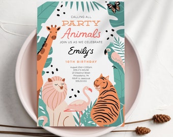 May include: A colorful party invitation with a jungle theme. It features a giraffe, lion, tiger, flamingo, and parrot. The text reads "Calling all Party Animals Join us as we celebrate Emily's 10th Birthday August 23rd 2:00pm Emily's House 23 Chestnut Street Philadelphia, PA RSVP to Jessica at 555.212.1212 Creative Union Design"