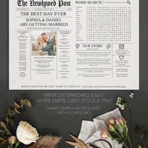 May include: A printable wedding announcement in the style of a vintage newspaper. The announcement features the couple's names, Sophia and Daniel, and the date of their wedding. The announcement also includes a word search puzzle and a section about the couple's story.