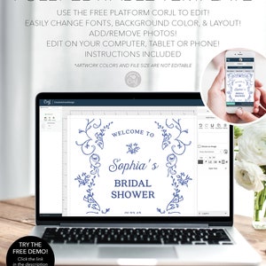May include: A laptop screen displaying a blue and white floral design bridal shower invitation template. The template is editable using the Corjl platform. The text on the template reads "Welcome to Sophia's Bridal Shower".