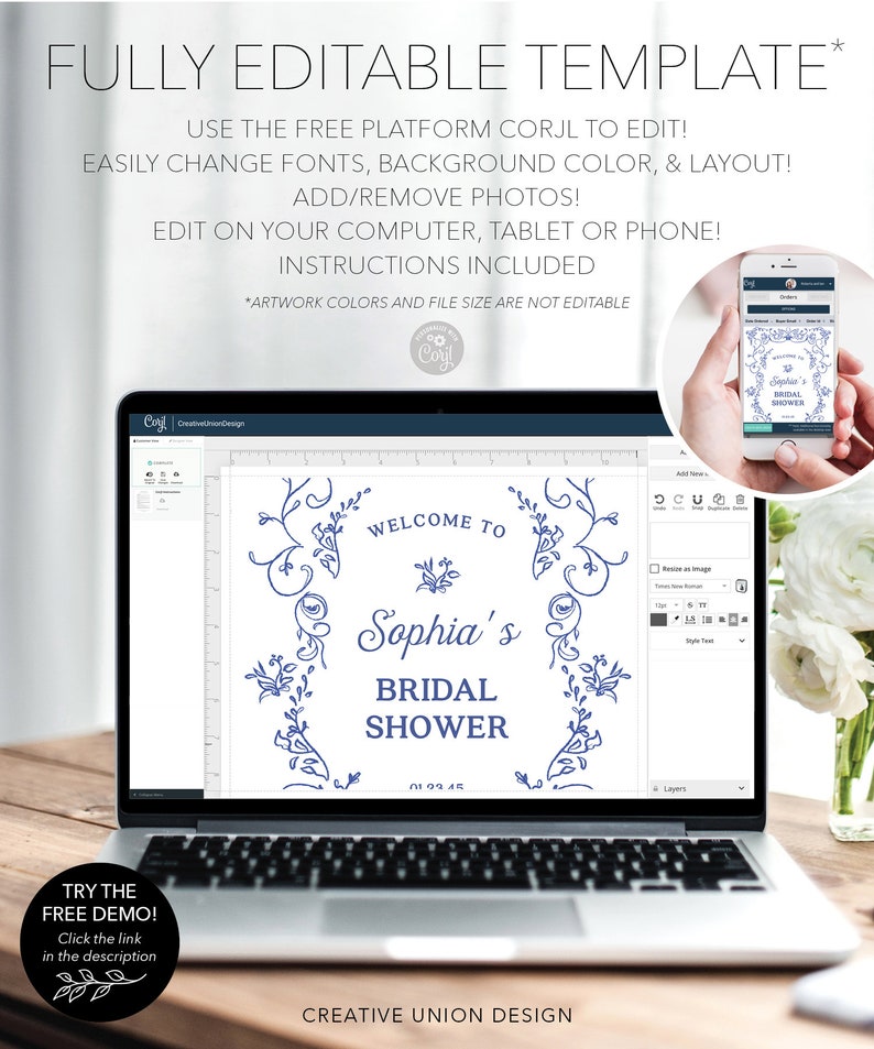 May include: A laptop screen displaying a blue and white floral design bridal shower invitation template. The template is editable using the Corjl platform. The text on the template reads "Welcome to Sophia's Bridal Shower".