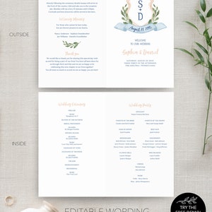 Folded Wedding Program Template, Printable Wedding Program, Editable Wedding Ceremony Program, Instant Download, Watercolor Crest, Painted image 4