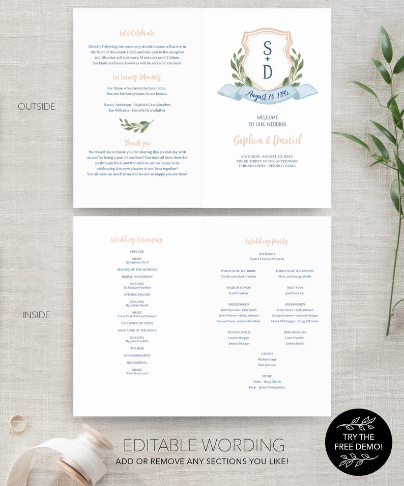 Folded Wedding Program Template, Printable Wedding Program, Editable Wedding Ceremony Program, Instant Download, Watercolor Crest, Painted image 4