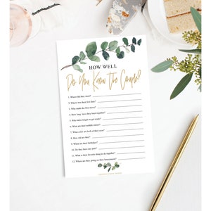 Wedding Game, How Well Do You Know The Couple, Bridal Shower Games, Wedding Shower, Printable, Instant Download, Eucalyptus, Greenery