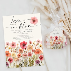 Liebe in Blüte, Blumen-BrautDusche-Einladung mit Tag-Vorlage, Wildblumen Braut Brunch, Blütenstängel, druckbare Brautparty einladung