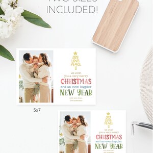 May include: Two rectangular holiday greeting cards featuring a family photo on the left and text on the right. The text reads: JOY LOVE PEACE, we wish you a very merry CHRISTMAS AND AN EVEN HAPPIER NEW YEAR, with love from, The Andersons. Sizes 5x7 and 4x6.