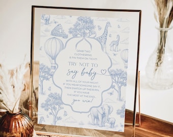 PRINTED & SHIPPED Don't Say Baby Sign | 8x10 | Baby Shower Game | Toile De Jouy | Boy Baby Shower | Chinoiserie | Safari Animals