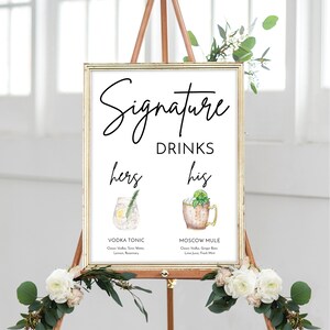 Mall för signaturmocktails, drinkskylt, utskrivbar signaturcocktailskylt, hans och hennes drinkskylt, drinkskylt, barmeny, modern minimalistisk bild 4