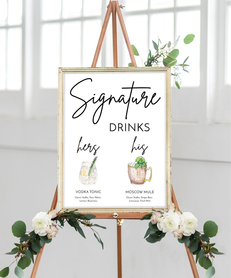 Mall för signaturmocktails, drinkskylt, utskrivbar signaturcocktailskylt, hans och hennes drinkskylt, drinkskylt, barmeny, modern minimalistisk bild 4