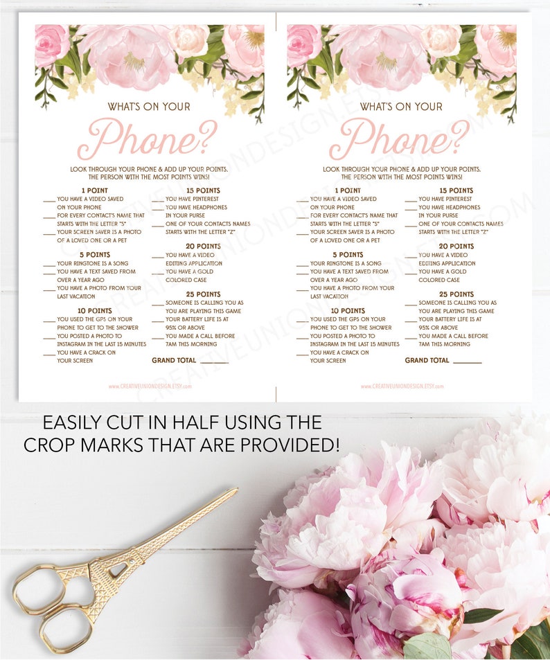 What's On Your Phone Bridal Shower Game Pink Peony Printable Shower Games Baby Shower Game Instant Download Phone Game image 2