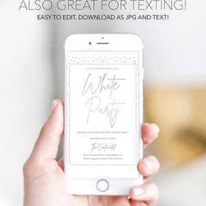 K&ouml;nnte beinhalten: Ein Smartphone zeigt eine Party-Einladung mit den Worten "White Party" in eleganter Schrift. Die Einladung enth&auml;lt Veranstaltungsdetails wie Datum, Uhrzeit und Ort, mit dem Text "Dress in your winter white best."