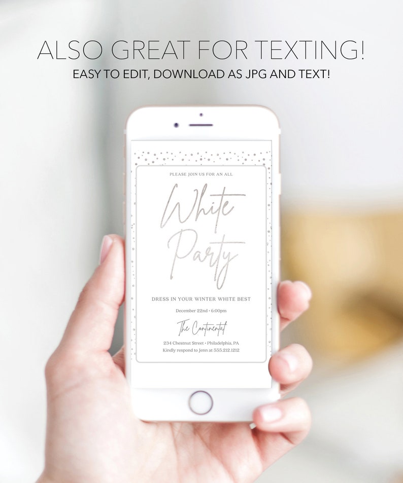 K&ouml;nnte beinhalten: Ein Smartphone zeigt eine Party-Einladung mit den Worten "White Party" in eleganter Schrift. Die Einladung enth&auml;lt Veranstaltungsdetails wie Datum, Uhrzeit und Ort, mit dem Text "Dress in your winter white best."