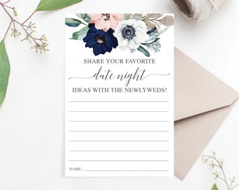 Date Night Ideas - Bridal Shower - Date Night Jar - Wedding Shower - 4x6 Cards - Print at Home - Instant Download - Navy Blooms