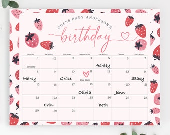 Plantilla de calendario con fecha de parto, adivina el cumpleaños, juego para baby shower, editable, descarga instantánea, dulce de bayas, fresa, verano