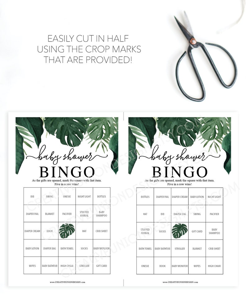 Baby Shower Bingo 60 Game Sheets Baby Shower Games Gender Neutral Baby Shower Instant Download Tropical Monstera Greenery image 2