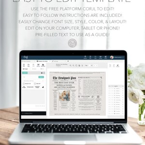 May include: A laptop computer screen displaying a wedding announcement template on the Corjl platform. The template is a mock-up of a newspaper with the headline "The Newlywed Post" and the text "The Best Day Ever Sophia & Daniel Are Getting Married".