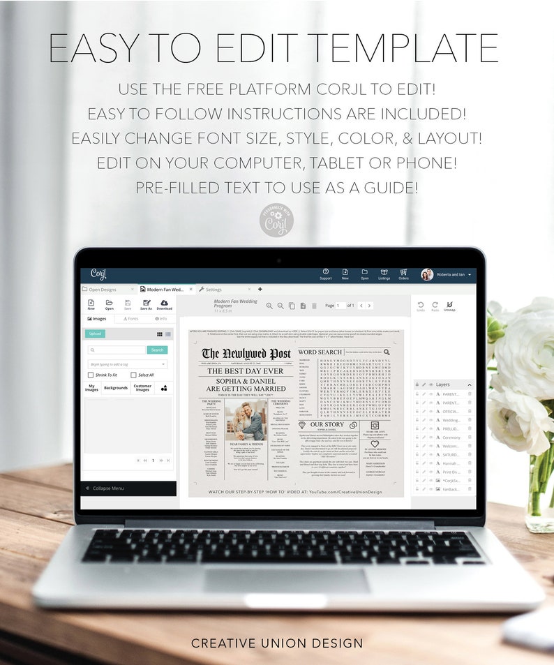 May include: A laptop computer screen displaying a wedding announcement template on the Corjl platform. The template is a mock-up of a newspaper with the headline "The Newlywed Post" and the text "The Best Day Ever Sophia & Daniel Are Getting Married".