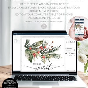 Pu&ograve; includere: Un laptop mostra un modello di design con elementi floreali ad acquerello e bacche rosse, con la scritta "MAKING spirits". Un telefono mostra lo stesso design. Il testo "FULLY EDITABLE TEMPLATE" &egrave; in alto.