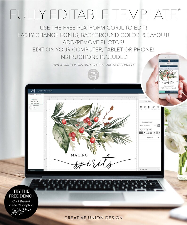 Pu&ograve; includere: Un laptop mostra un modello di design con elementi floreali ad acquerello e bacche rosse, con la scritta "MAKING spirits". Un telefono mostra lo stesso design. Il testo "FULLY EDITABLE TEMPLATE" &egrave; in alto.