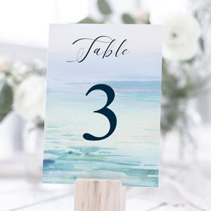 Minimale Strand Hochzeit Tischnummern, Hochzeit Tischnummer Vorlage, bearbeitbare Tischnummern, einfache Tischnummern, Ziel Hochzeitsdeko