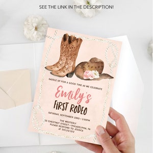 May include: A pink and white invitation with a watercolor illustration of cowboy boots and a hat. The text reads "Saddle up for a good time as we celebrate Emily's First Rodeo. Saturday, September 23rd - 2:00pm. The Westerly 23 Chestnut Street - Philadelphia, PA. Please respond to Jessica at 555.212.1212."