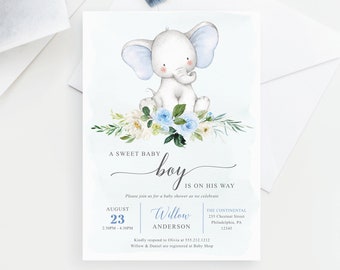 Elephant Baby Shower Invitation Boy, Blue Elephant Printable Baby Shower Invite, Boy Baby Shower Invites, It's A Boy, Boy Baby Elephant