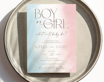 Gender Reveal Invitation Template | Pink or Blue Classic Baby Shower Invite Printable | He or She | Elegant