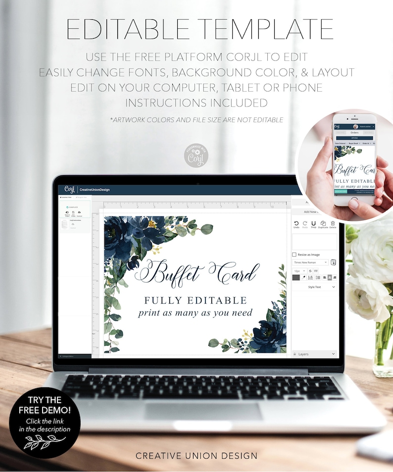 Script Text Buffet Royal Navy Buffet Card Template, Food Label, Wedding Buffet Printable ...