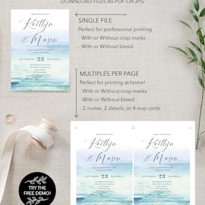 Minimal Beach Wedding Invitations Template, Printable Wedding Invitation Set, Destination Wedding, RSVP Card, Details Card, Modern, Sea image 8